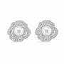 Silver-tone crystal rose stud earrings with white freshwater pearl centres