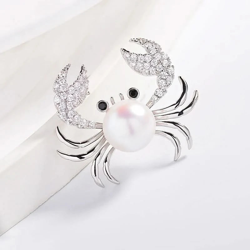 Silver-tone pearl crab brooch with luminous pearl body and cubic zirconia claws, product detail