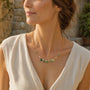 Citrine and green aventurine teardrop necklace with freshwater pearl accents worn outdoors