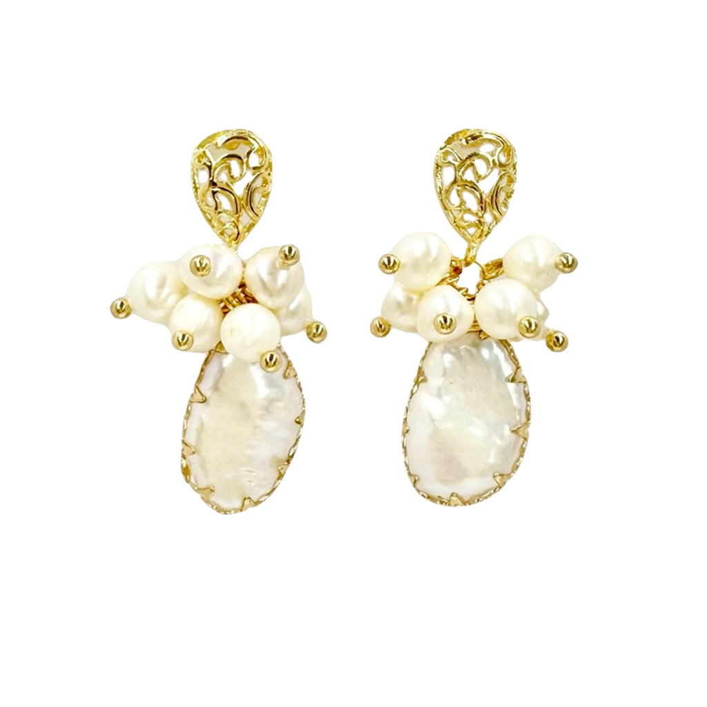Gold Engraved Pearl Drop Earrings - Angel Barocco