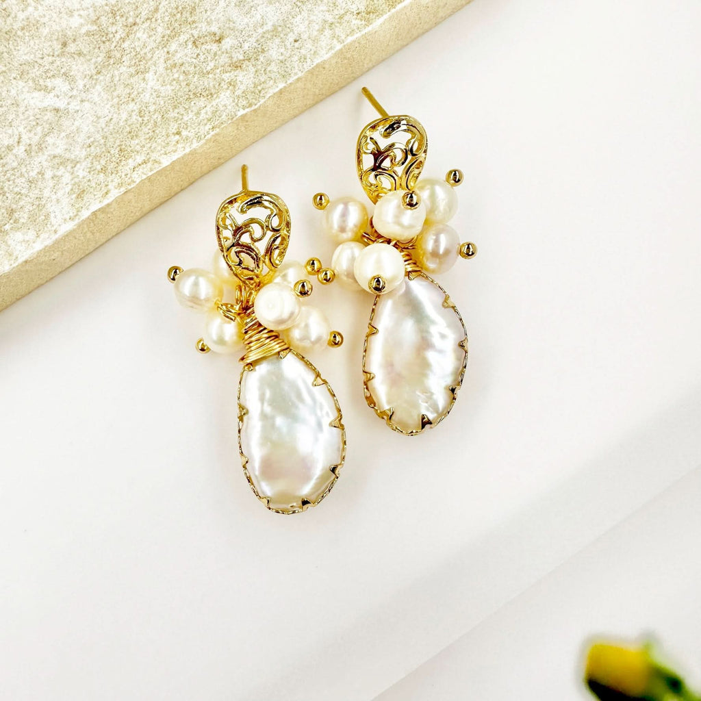 Gold Engraved Pearl Drop Earrings - Angel Barocco