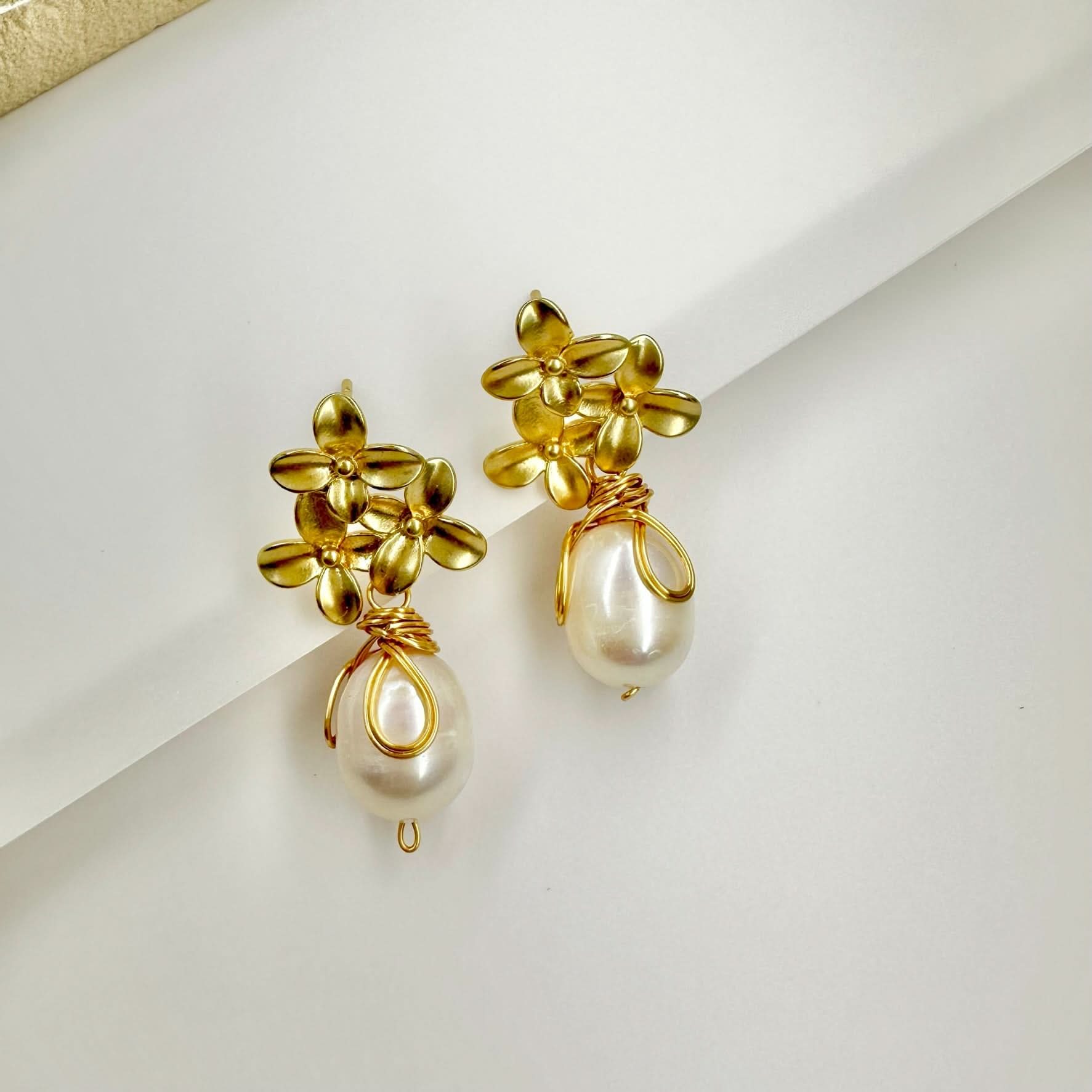 Gold Petal Pearl Drop Earrings - Angel Barocco
