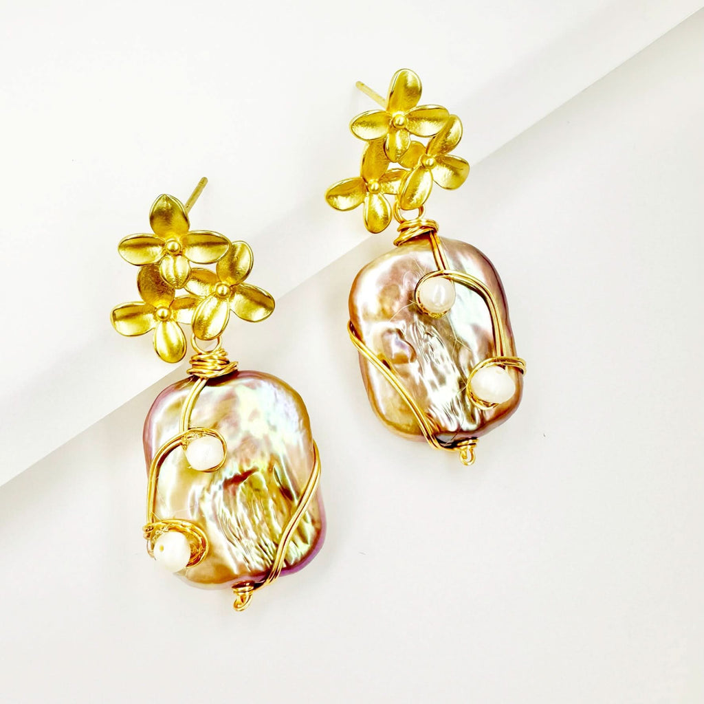 Gold Petal Pink Baroque Pearl Earrings - Angel Barocco