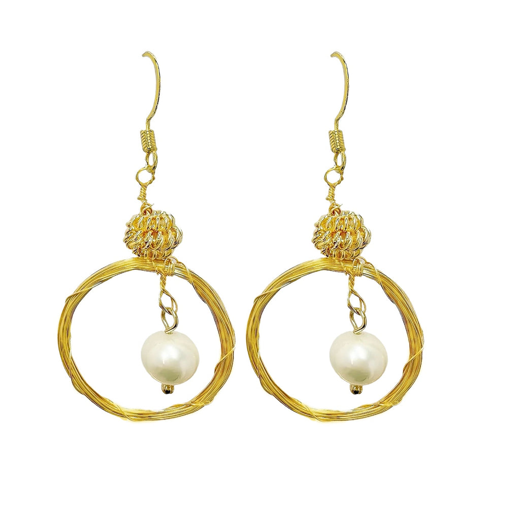 Gold Ring Earring with Pearl Drops - Angel Barocco