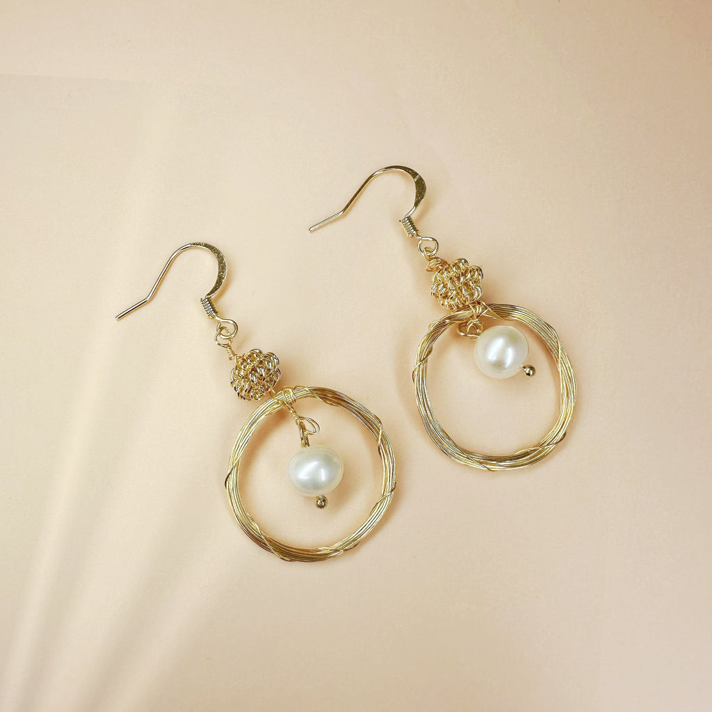 Gold Ring Earring with Pearl Drops - Angel Barocco
