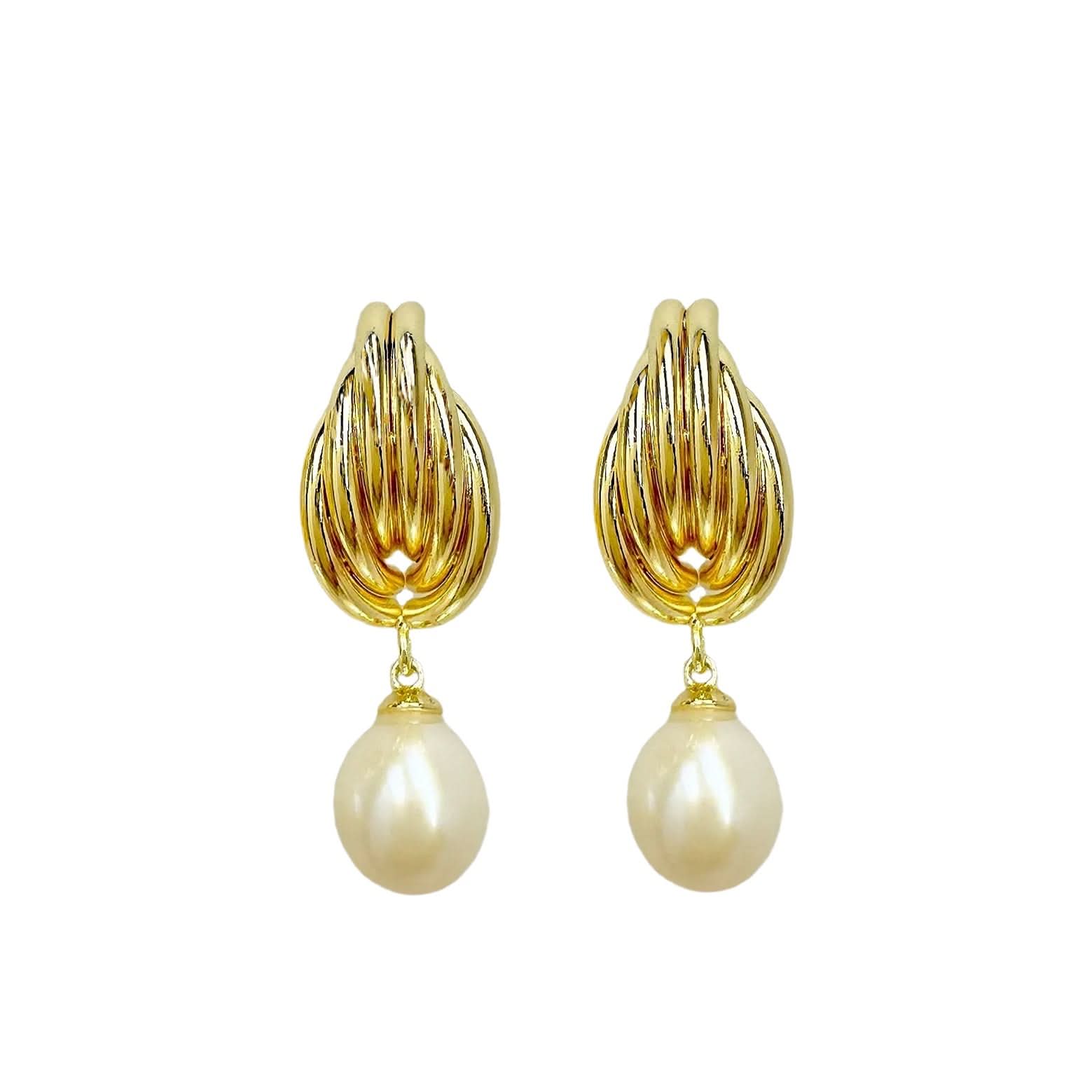 Gold Stud Pearl Drop Earrings - Angel Barocco