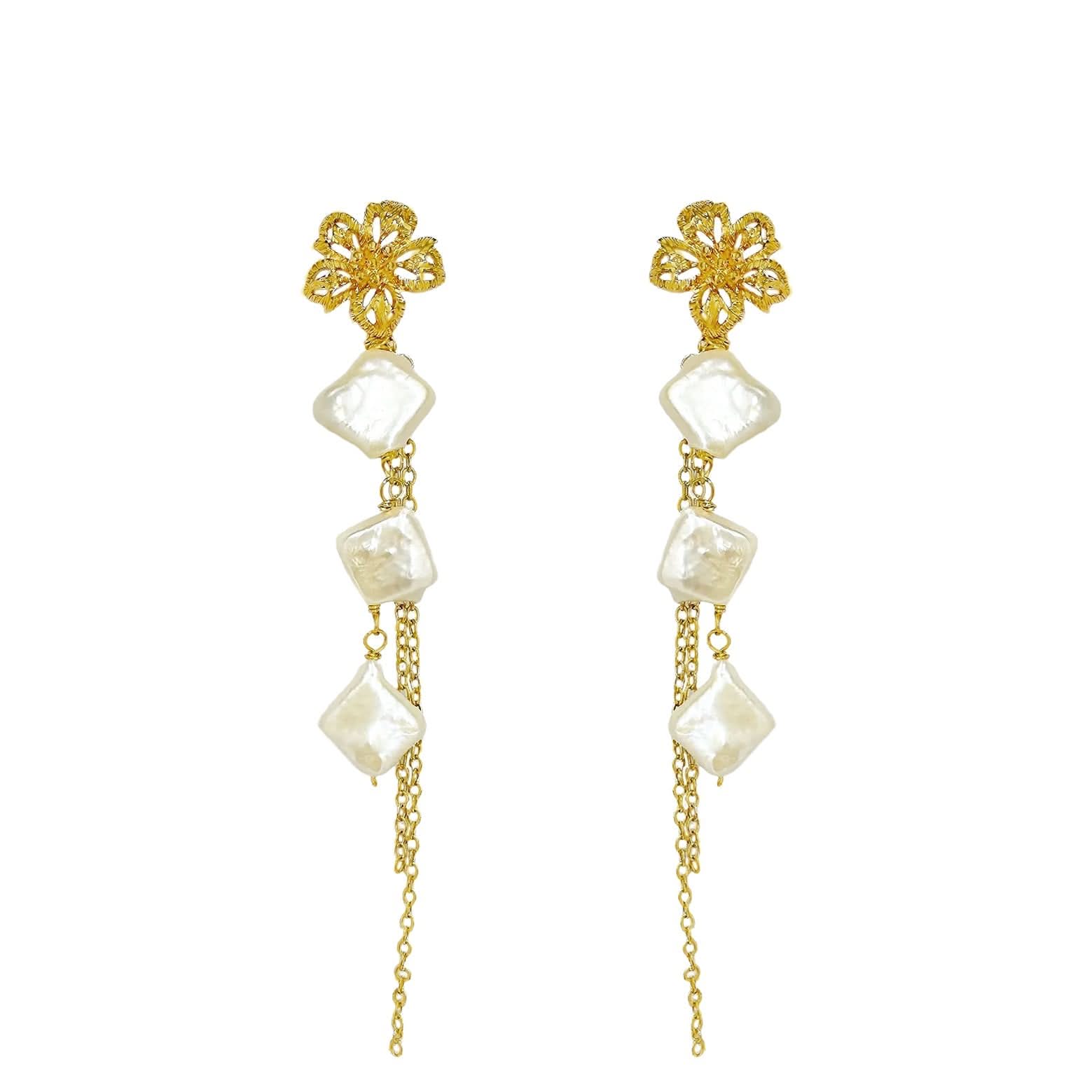 Vermeil Flower Dangle Pearl Chain Earrings