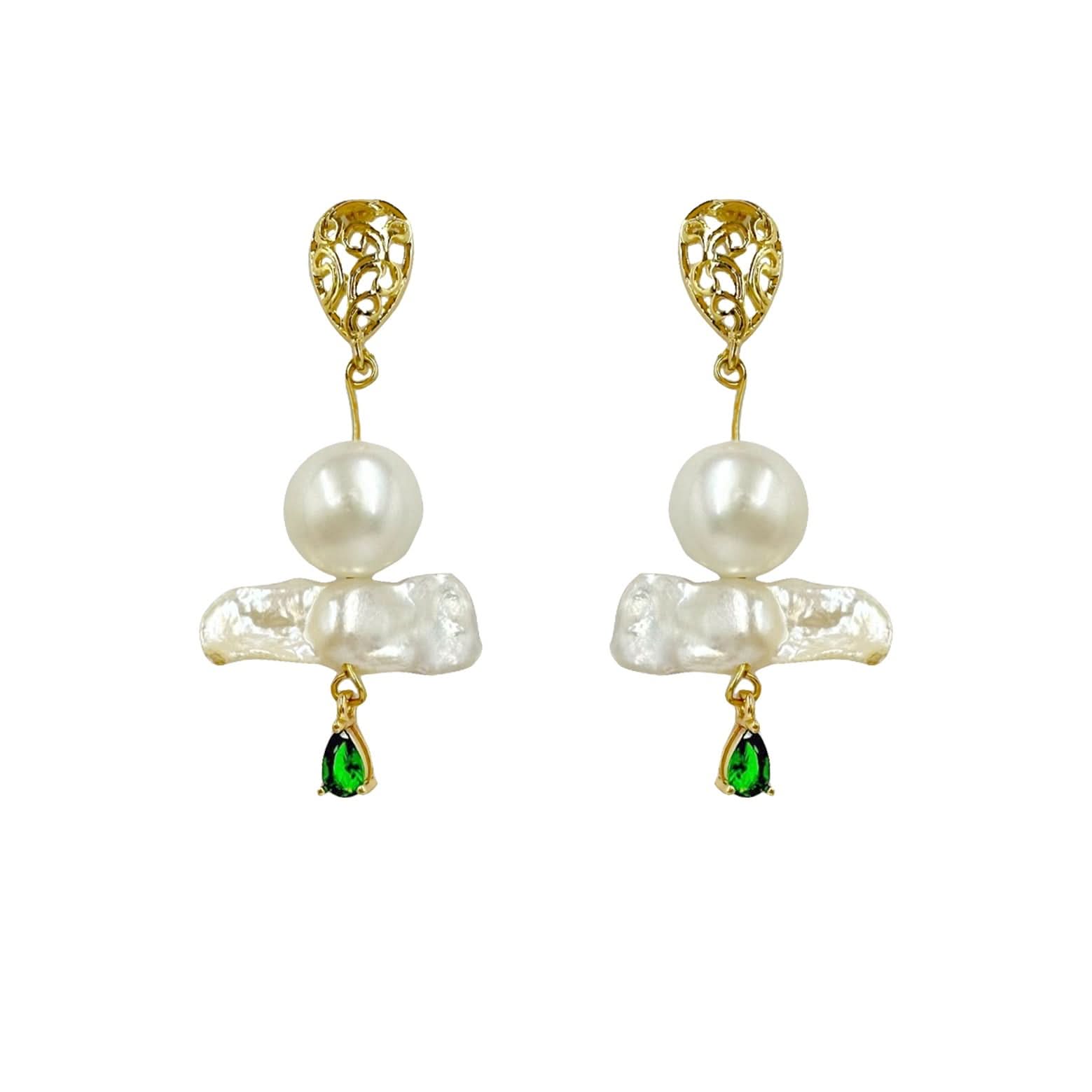 Gold vermeil stud Baroque pearl drop earrings with diamond- Red-Green - Angel Barocco