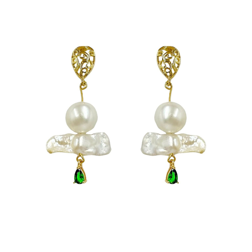 Gold vermeil stud Baroque pearl drop earrings with diamond- Red-Green - Angel Barocco