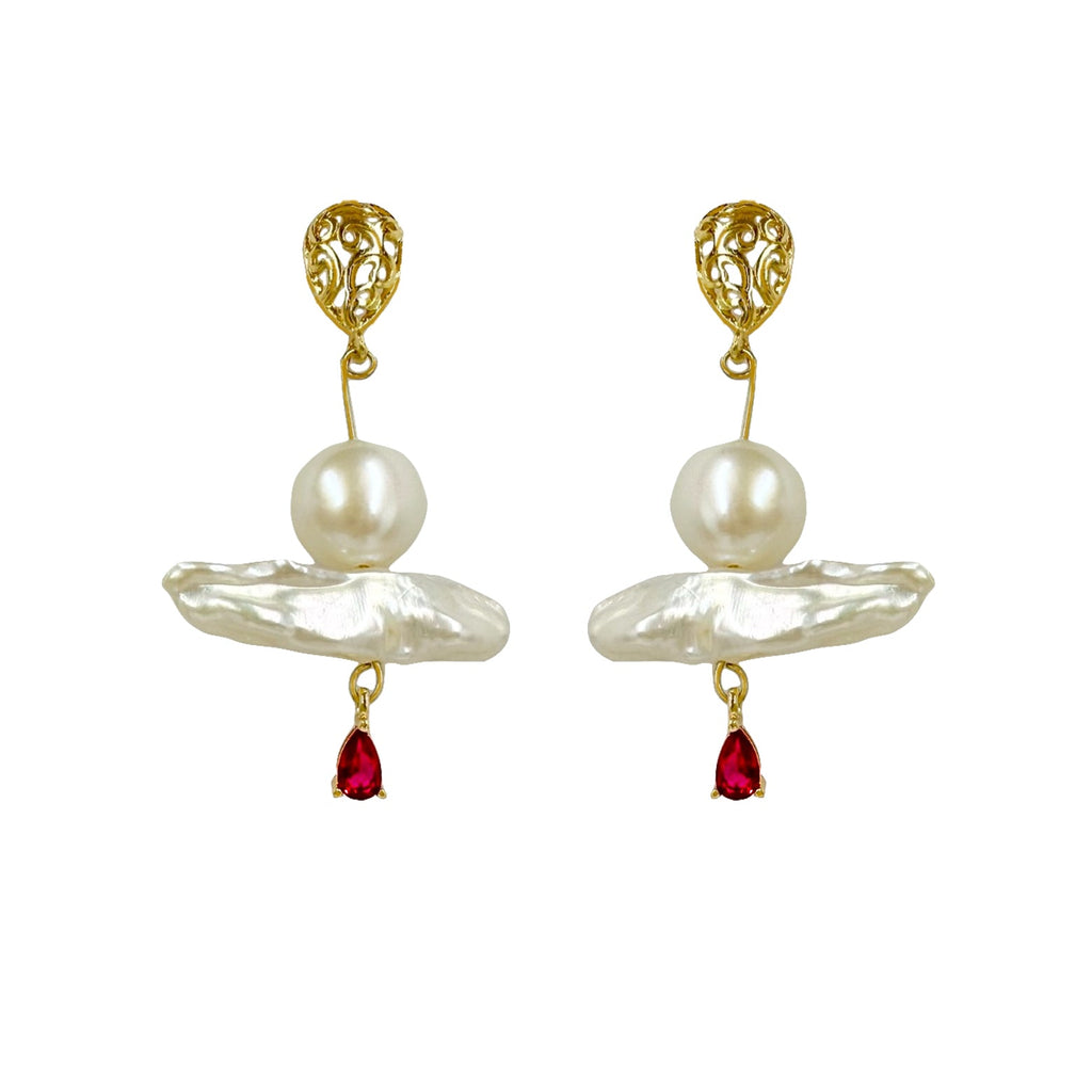 Gold vermeil stud Baroque pearl drop earrings with diamond- Red-Green - Angel Barocco