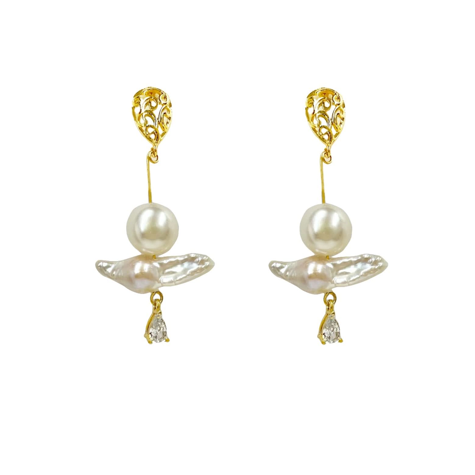 Gold vermeil stud Baroque pearl drop earrings with diamond- Red-Green - Angel Barocco