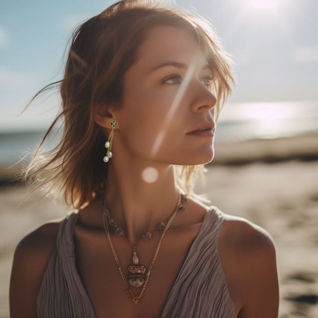 Green diamond chain drop pearl earrings - Angel Barocco