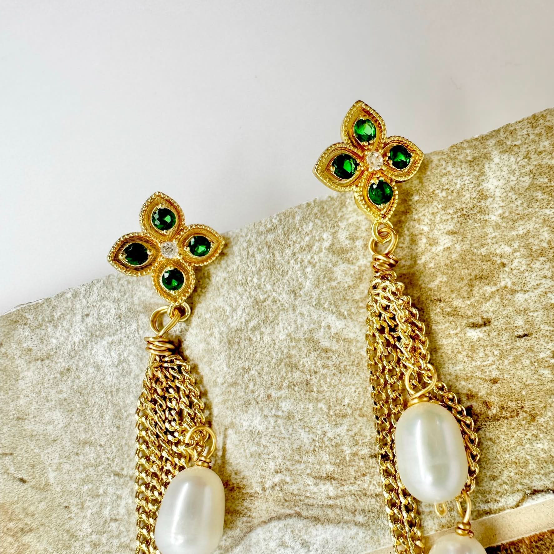 Green diamond chain drop pearl earrings - Angel Barocco
