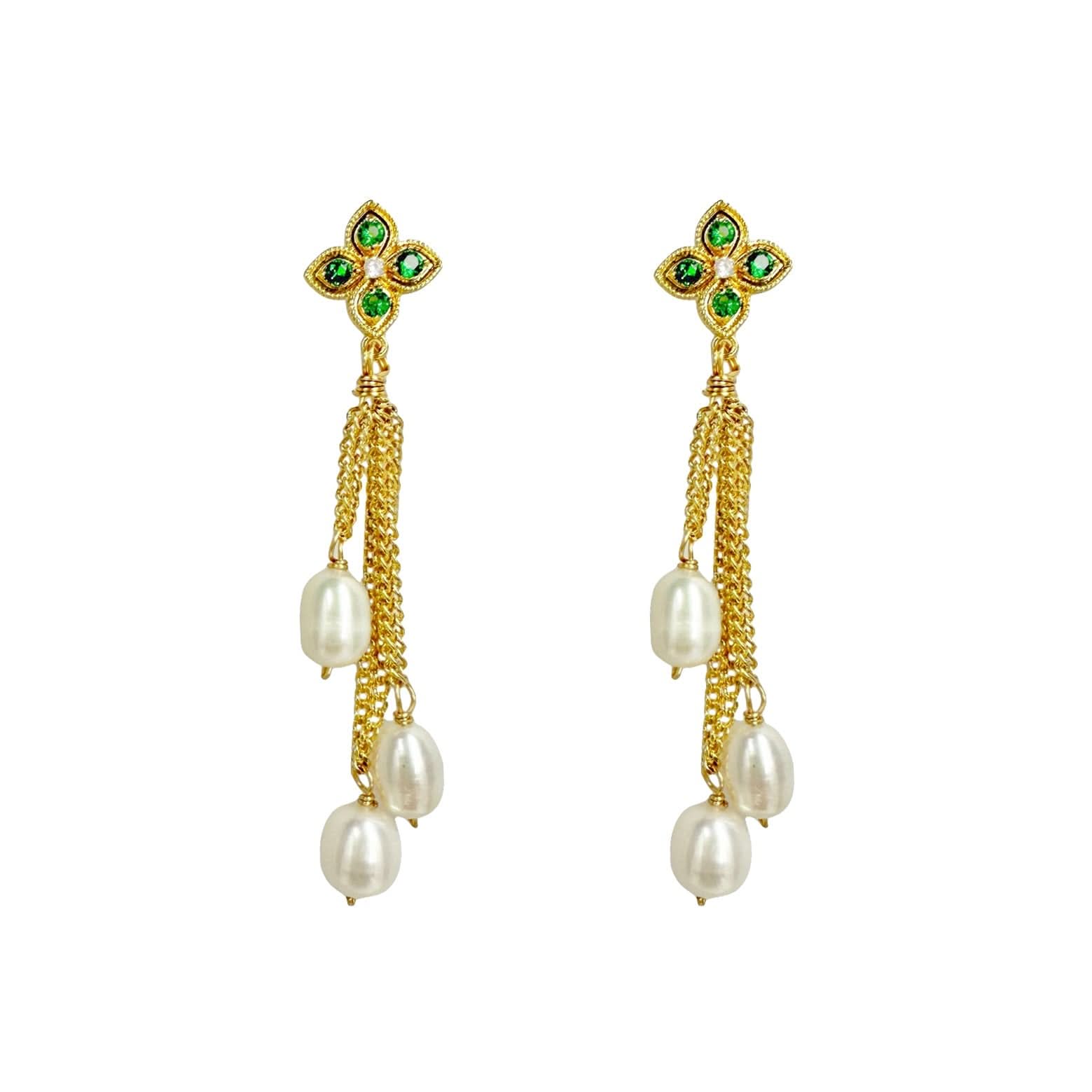 diamond chain drop pearl earrings