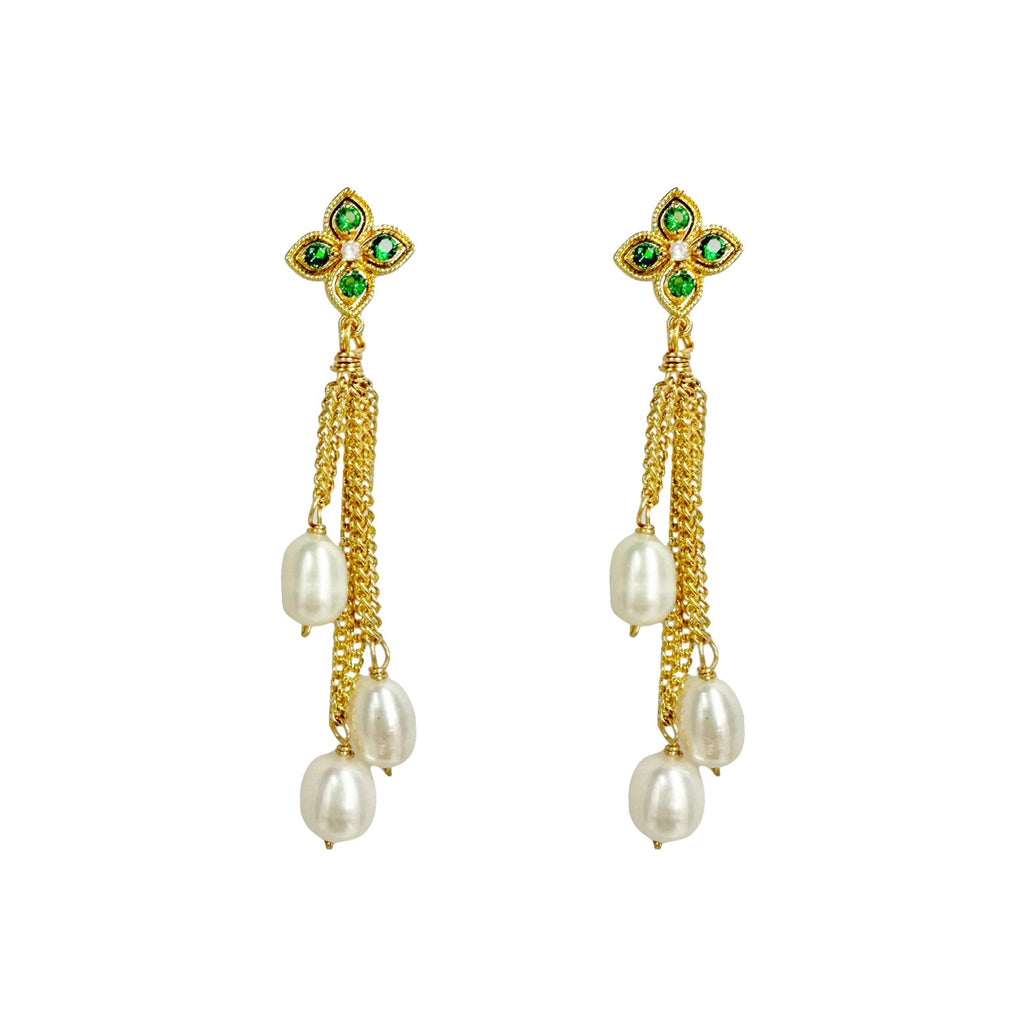 Green diamond chain drop pearl earrings - Angel Barocco