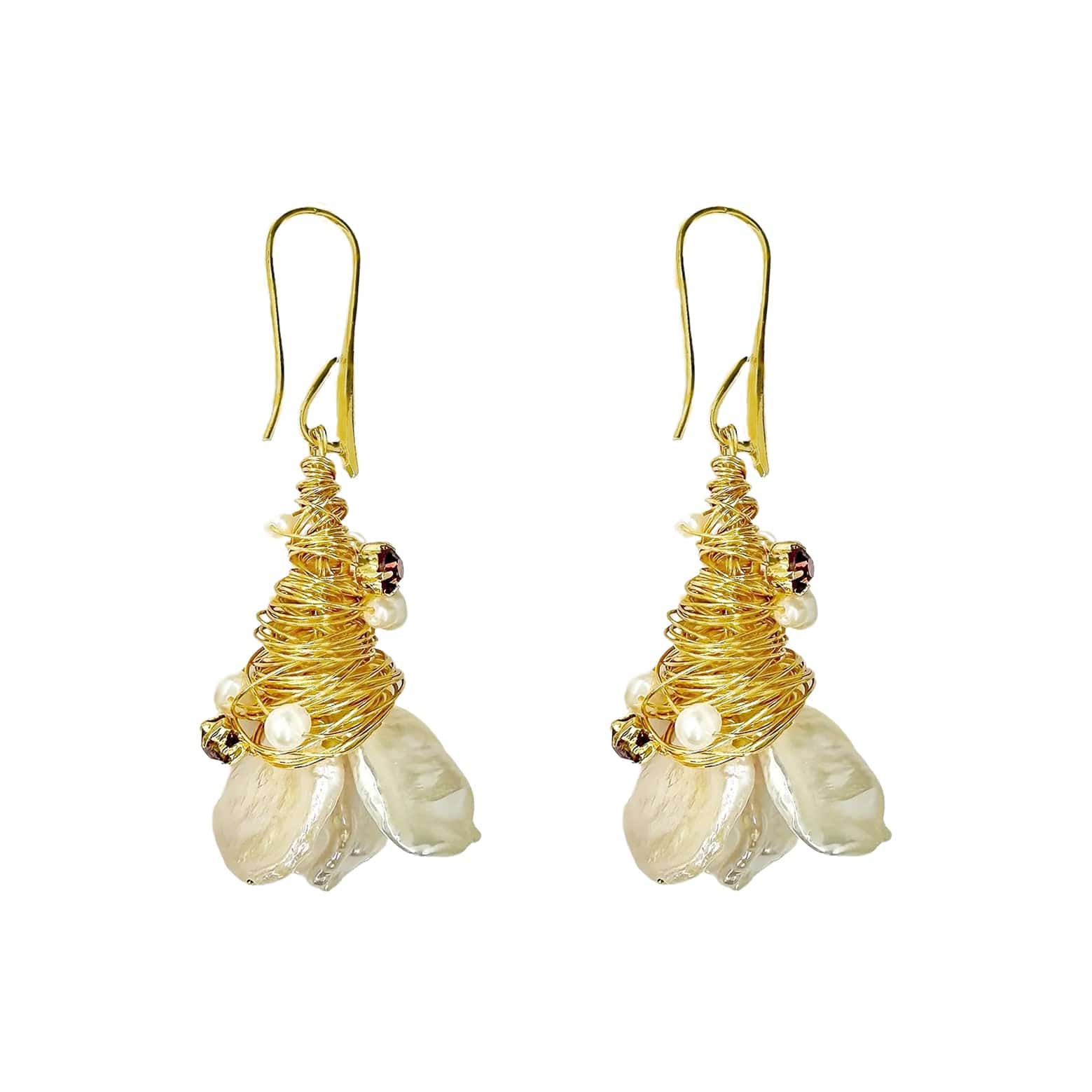 Handmade Baroque Pearl Earrings in Gold wrapped with diamonds - Angel Barocco