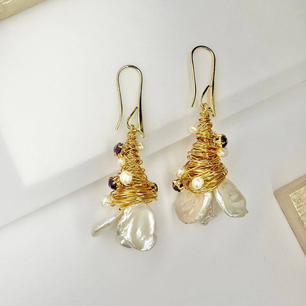 Handmade Baroque Pearl Earrings in Gold wrapped with diamonds - Angel Barocco