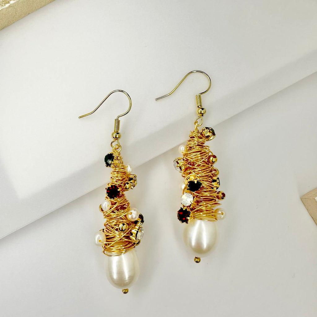 Handmade gold thread wrapped Pearls earrings with diamonds - Angel Barocco