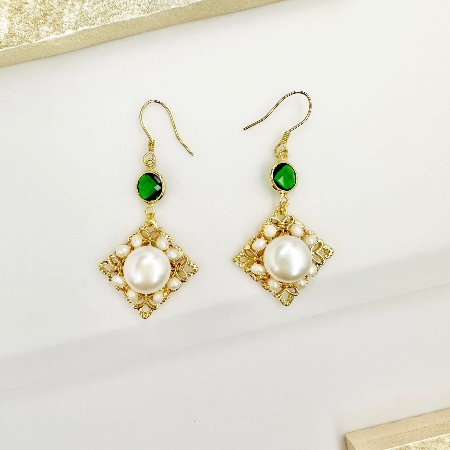 Green Dangle Pearl Earrings