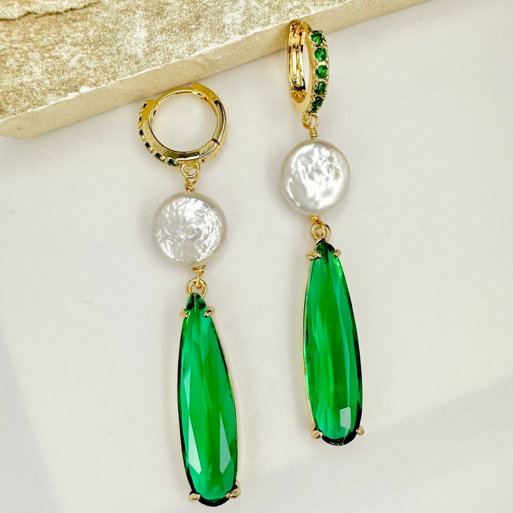 Skinny Diamond & Rock Crystal Baguette Charm Huggie Earrings with Baroque pearl - Angel Barocco