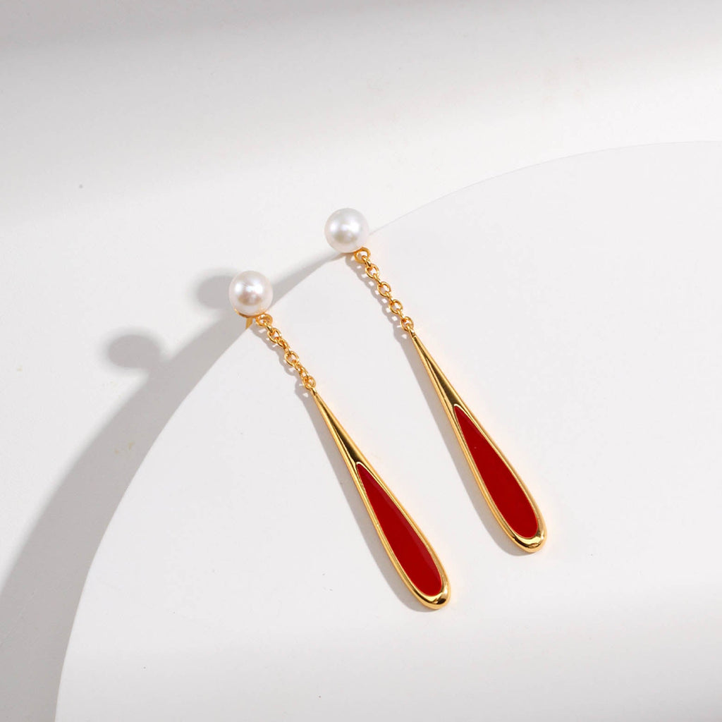 Waterdrop Red drip glaze pearl earrings - Angel Barocco